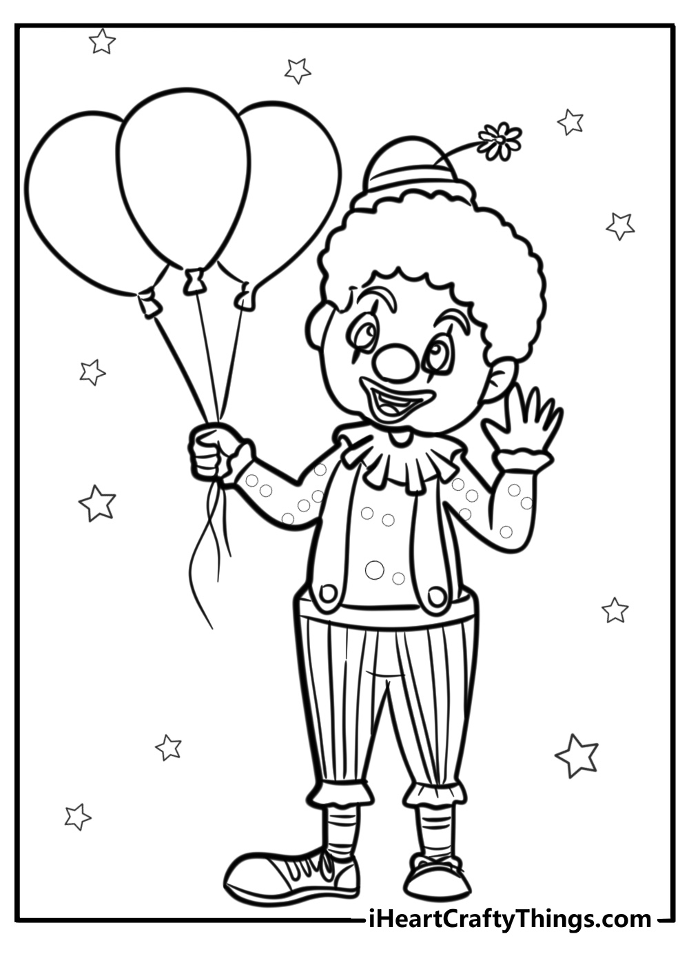 Happy cartoon clown with balloons printable coloring page for kids