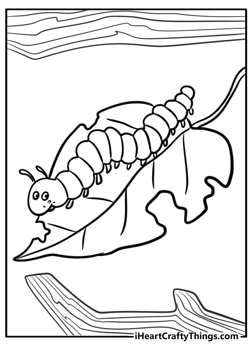 Happy caterpillar eating leaves coloring page for kids