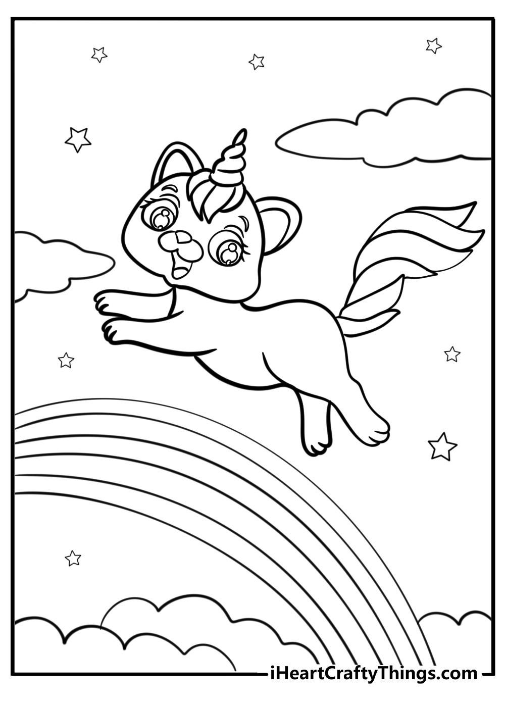 Happy unicorn cat jumping over a rainbow free pdf page