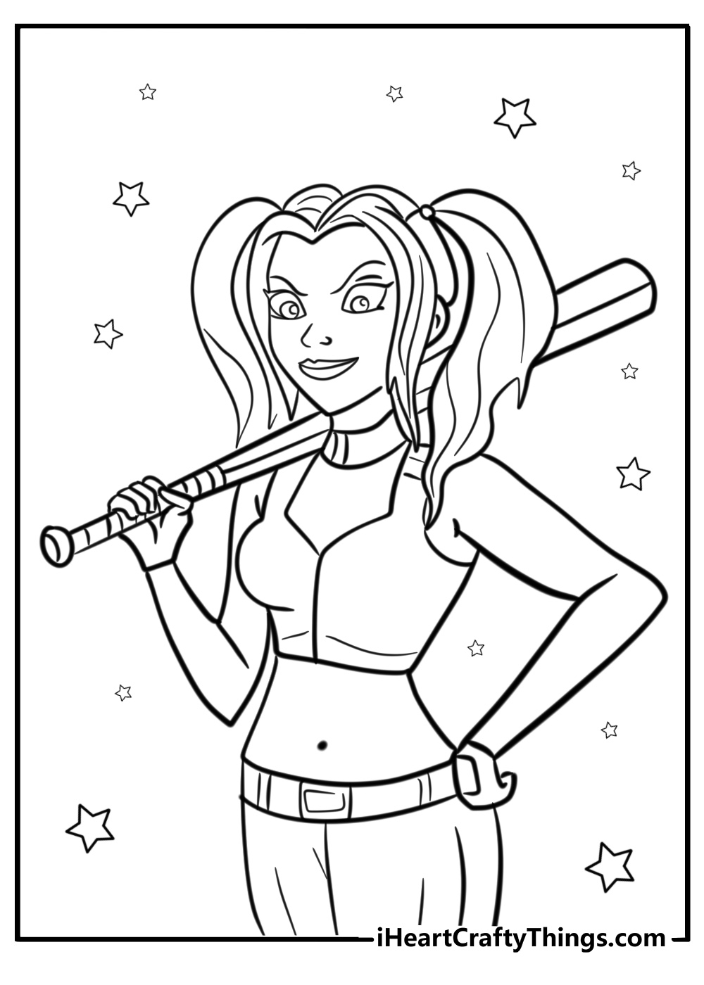 Harley quinn holding a bat coloring page to color