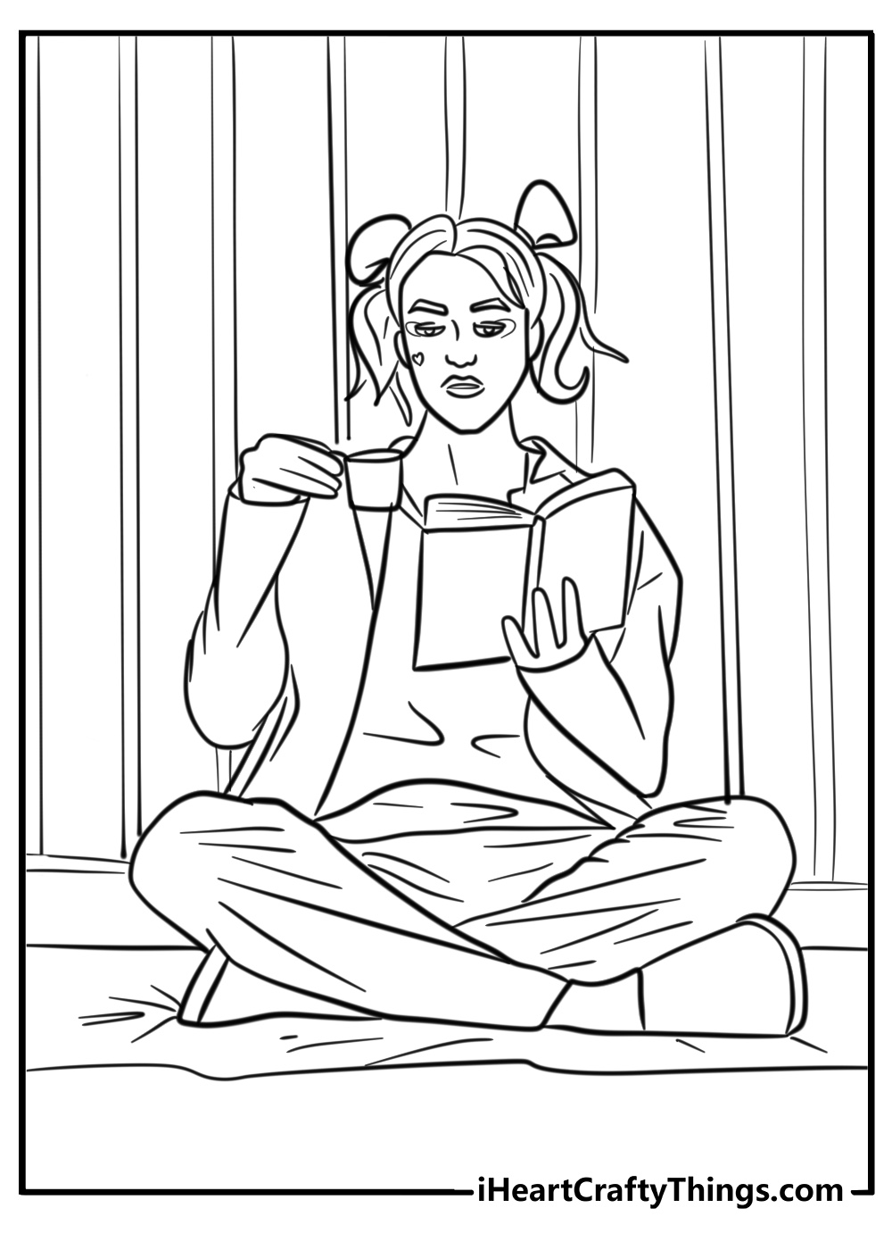 Harley quinn reading and drinking tea in prison coloring page