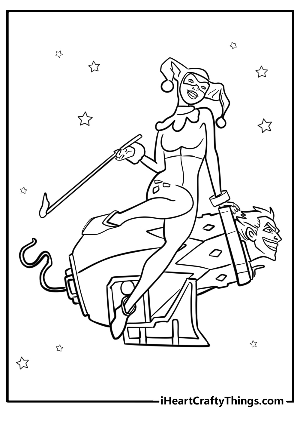 Harley quinn sitting on a cannon with joker coloring page