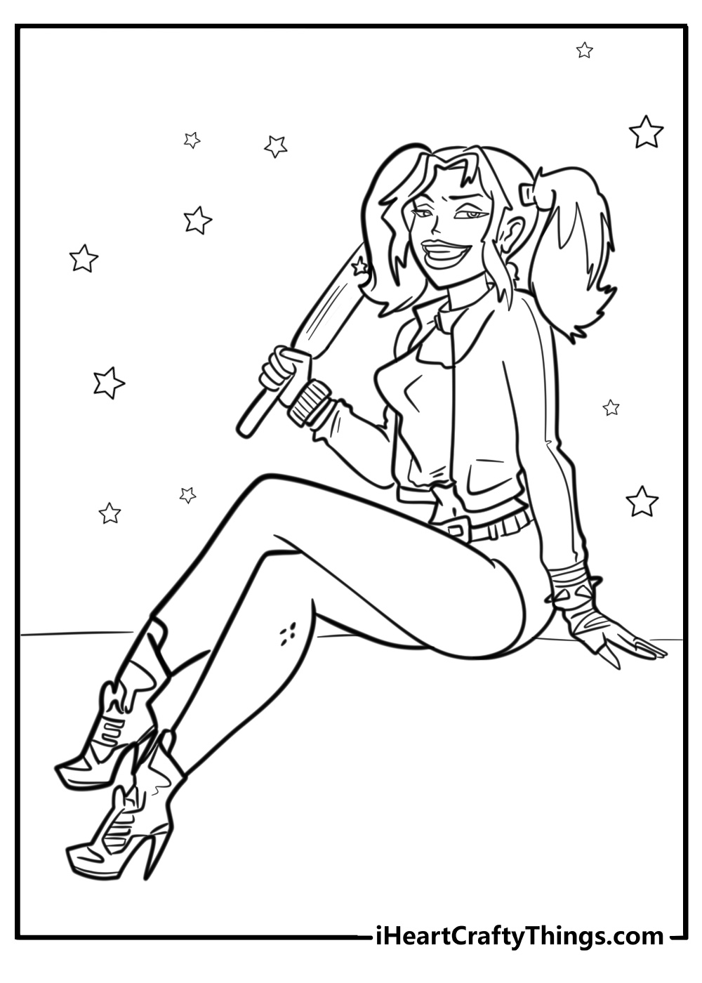 Harley quinn sitting with a bat coloring sheet