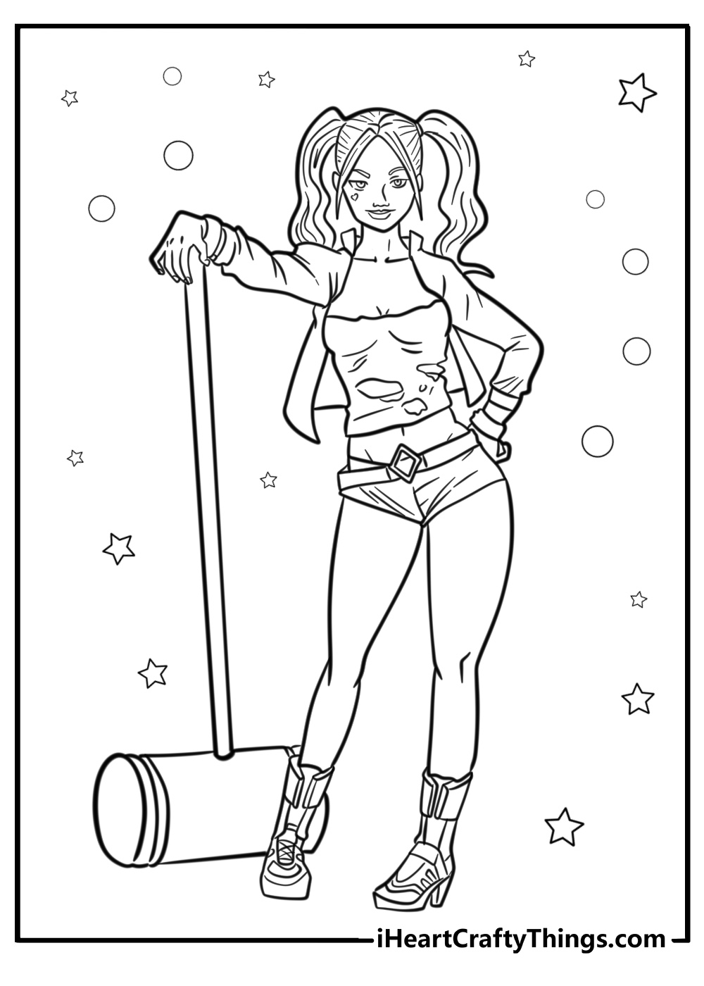 Harley quinn with a giant mallet coloring sheet