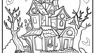 Haunted gothic mansion with bats free pdf coloring page