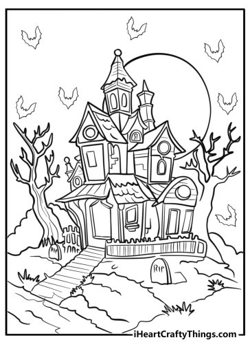 Haunted gothic mansion with bats free pdf coloring page