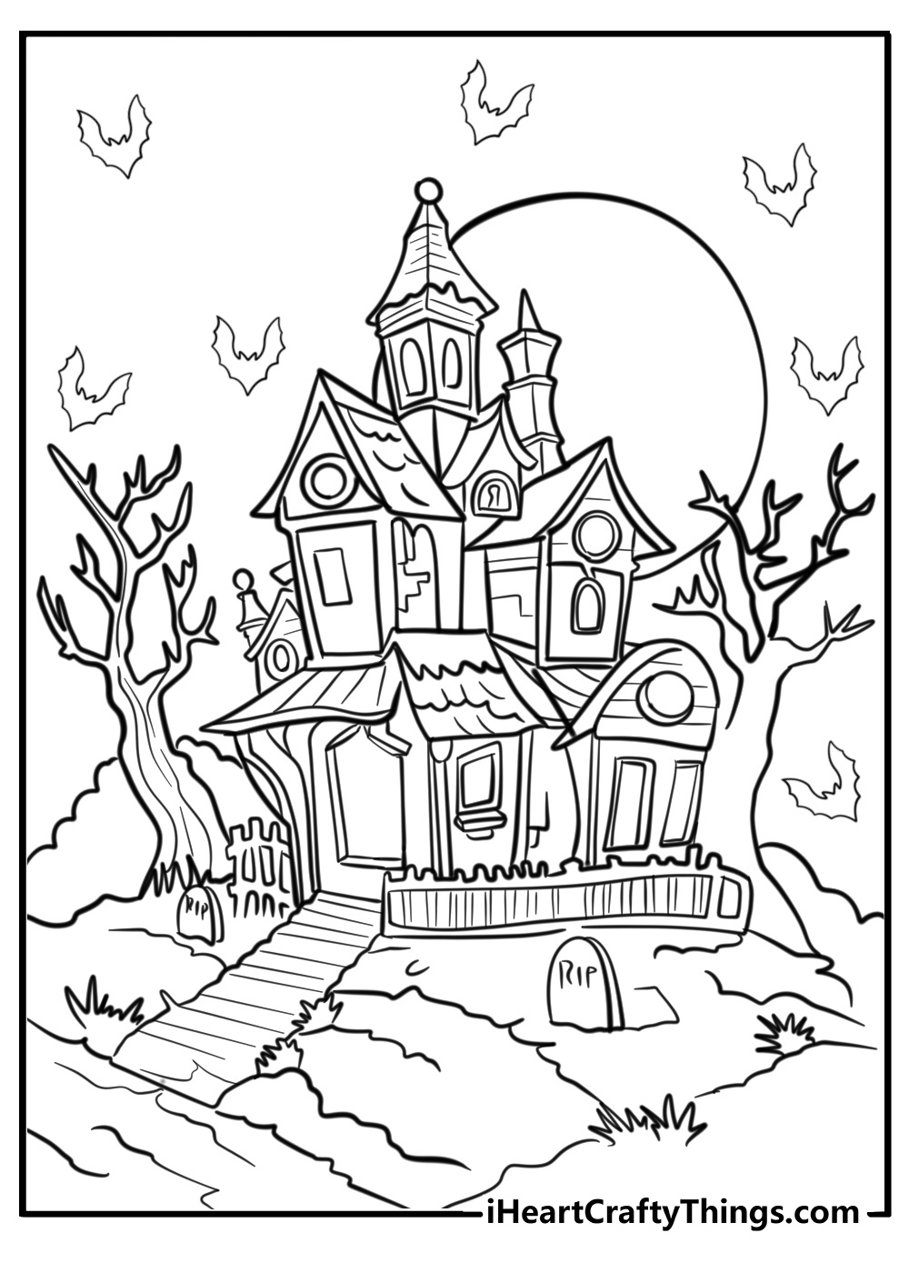 Haunted gothic mansion with bats free pdf coloring page