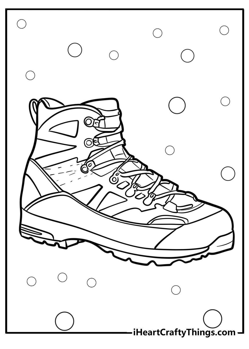 Hiking boots in the mountains detailed coloring sheet