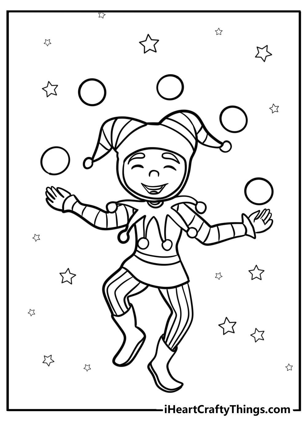 Jester juggling beads fun cartoon mardi gras coloring sheet