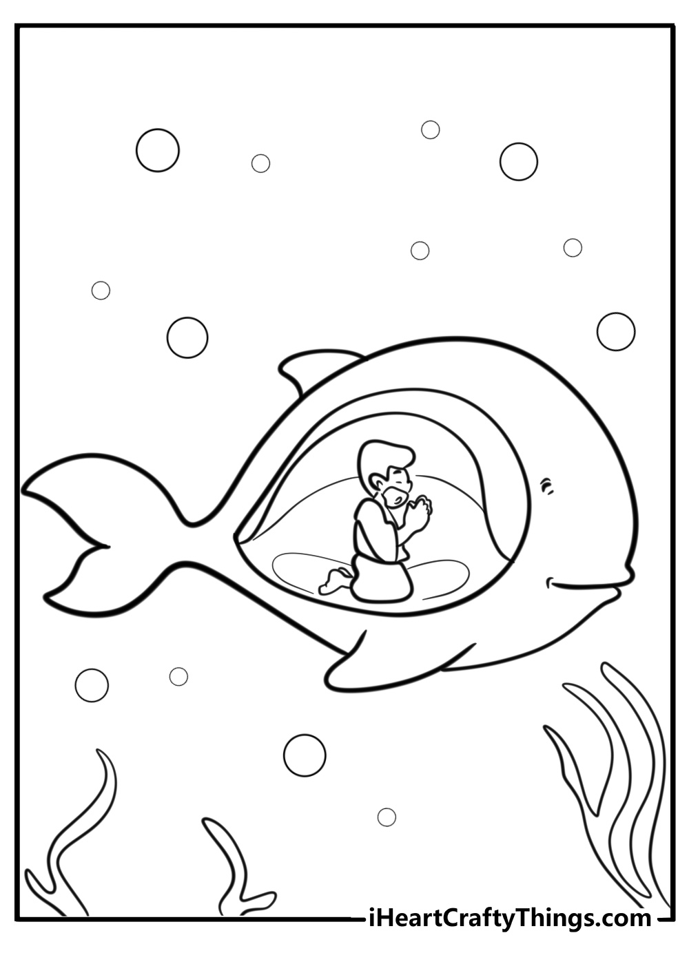 Jonah praying inside the whale detailed coloring page for adults