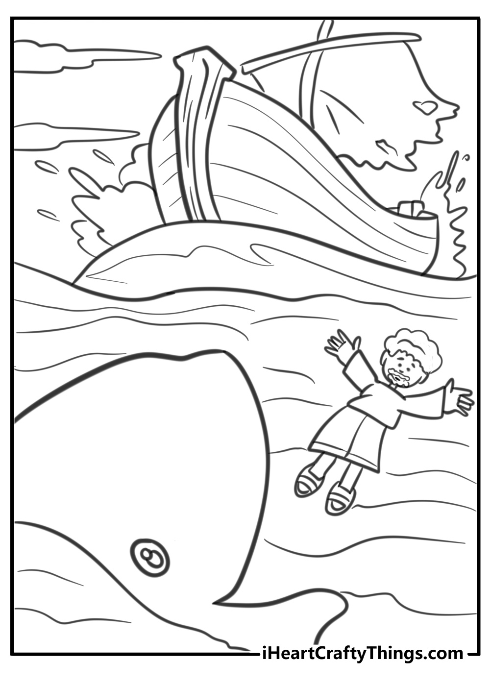 Jonah's journey with the whale fun bible story coloring page