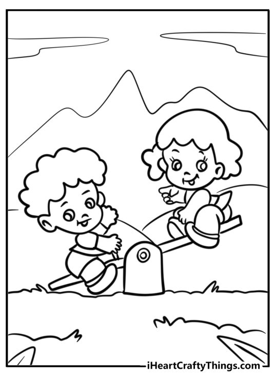 Picture for pre-schoolers showing two best friends on the seesaw with mountains in the background