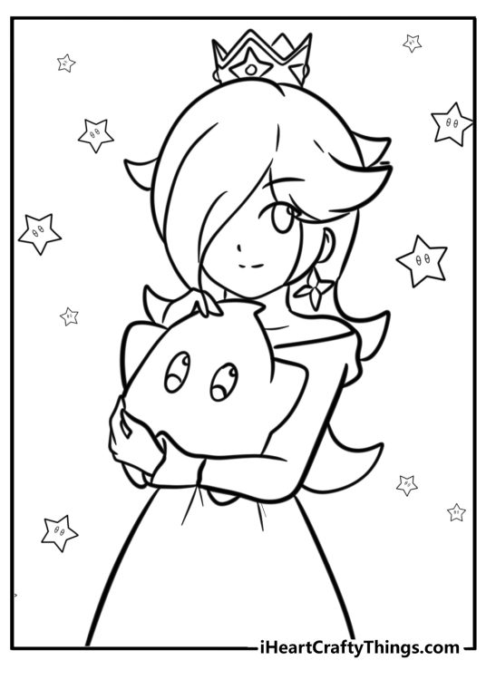 Kawaii rosalina holding luma coloring page for kids