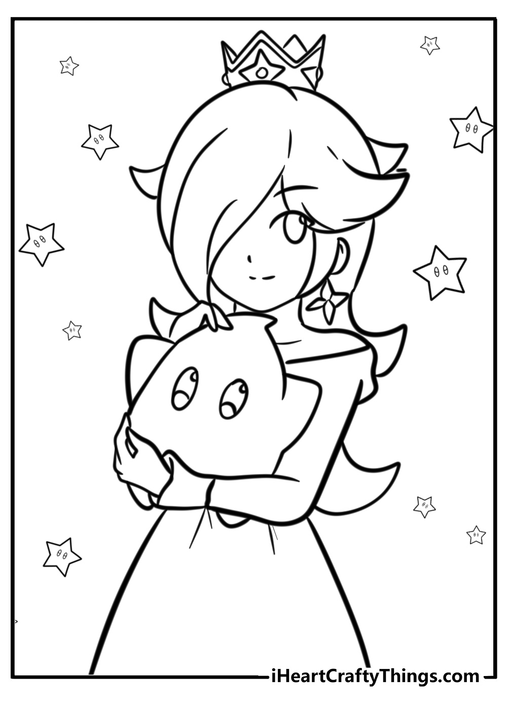 Kawaii rosalina holding luma coloring page for kids