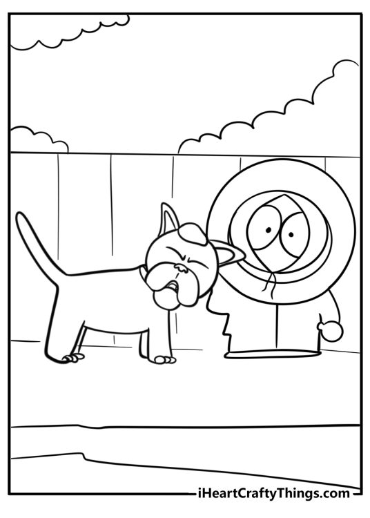 Kenny playing with his pet cat fun cartoon coloring sheet