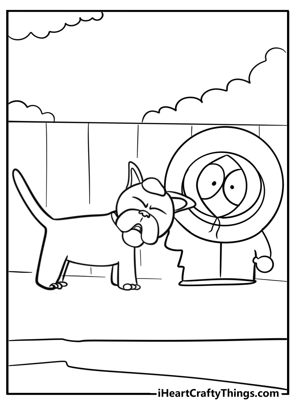 Kenny playing with his pet cat fun cartoon coloring sheet