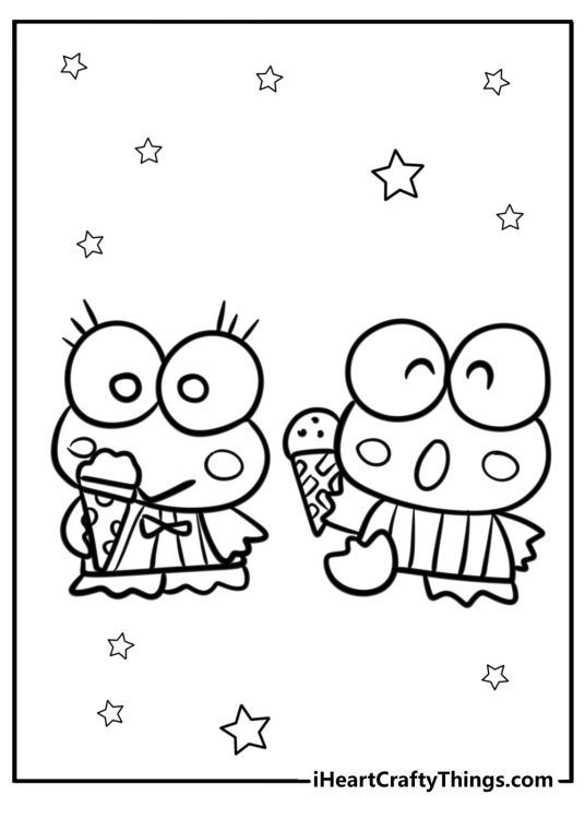 Keroppi and friends enjoying ice cream fun coloring sheet