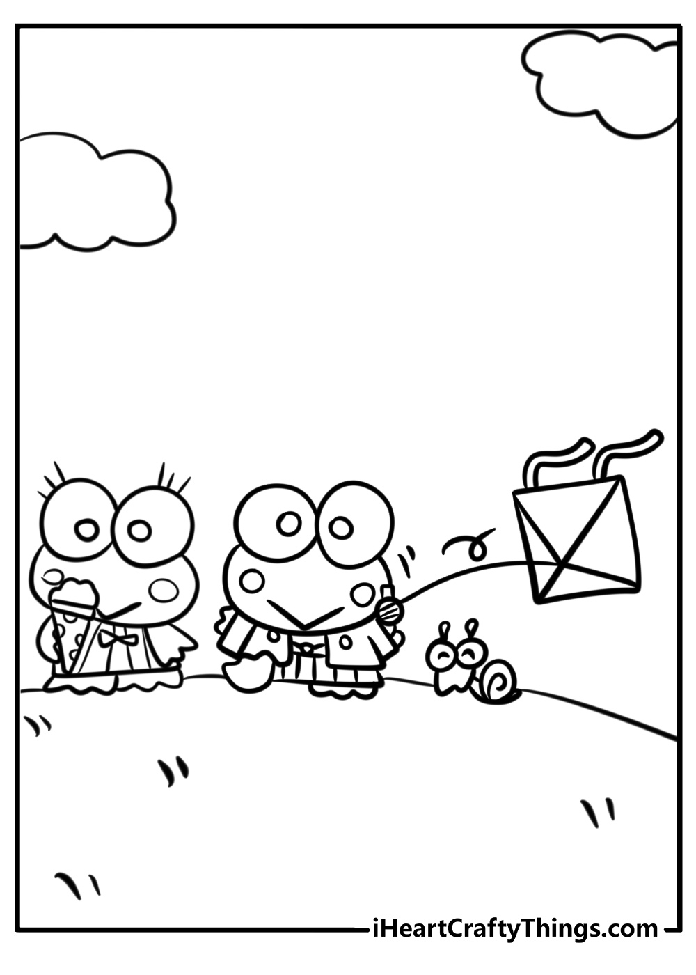 Keroppi and friends flying kites free coloring page