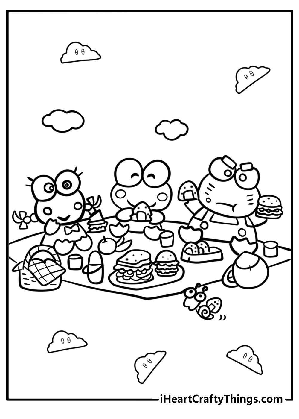 Keroppi and friends having a picnic coloring page