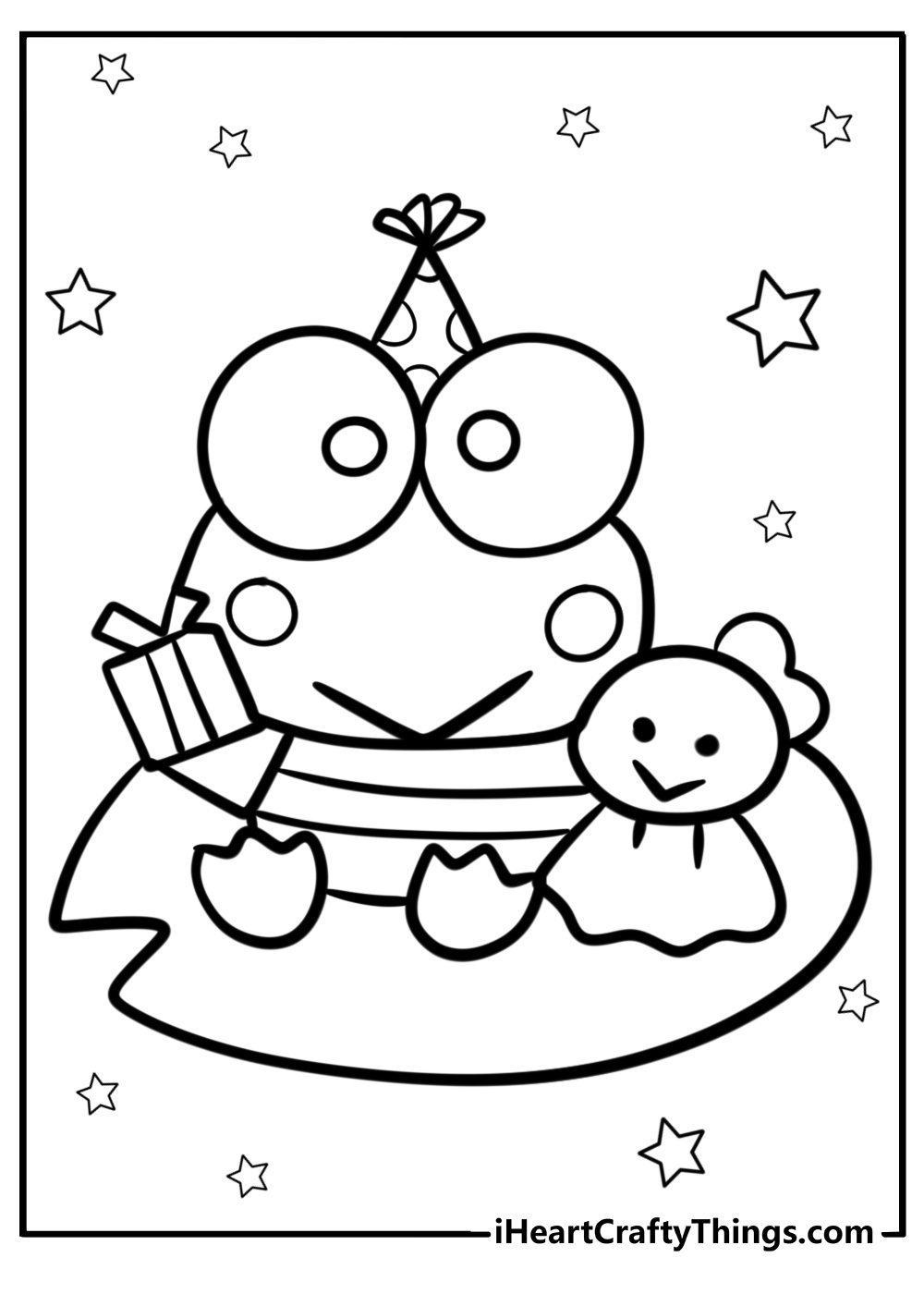 Keroppi holding a present printable coloring page