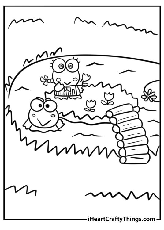 Keroppi jumping into a pond free coloring page pdf