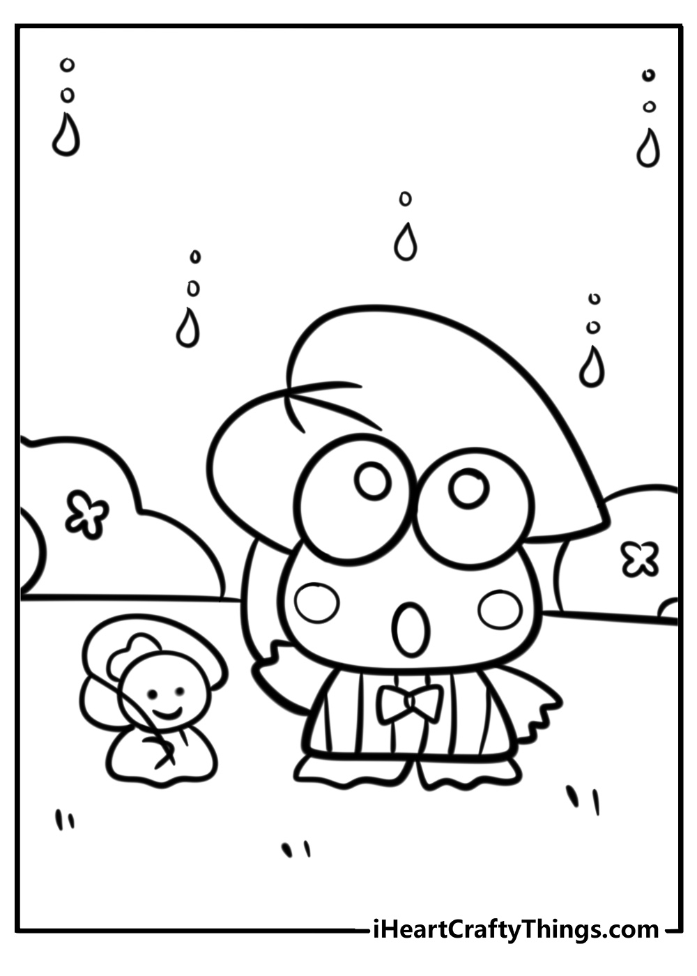 Keroppi playing in the rain detailed coloring sheet