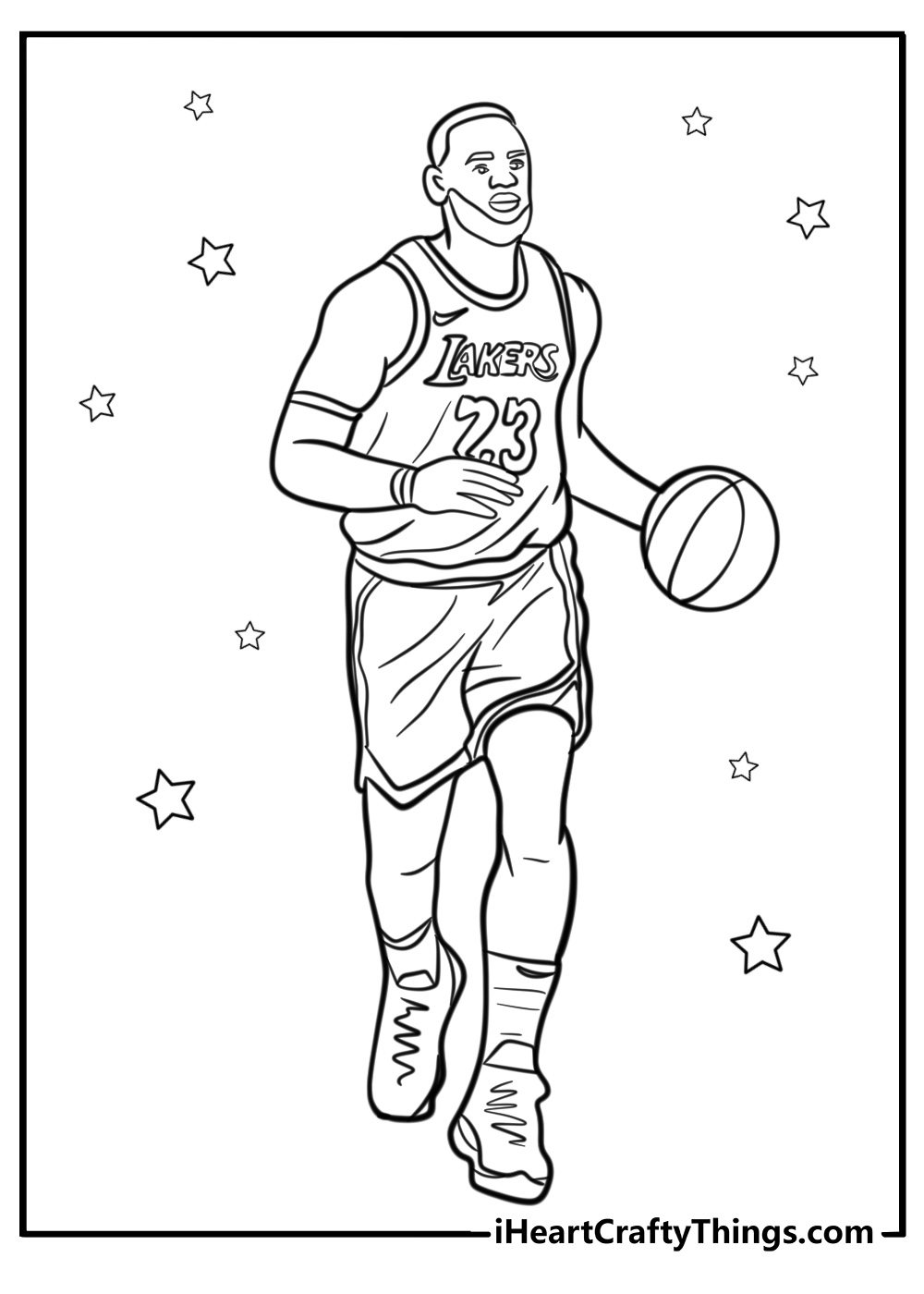 Lebron James with basketball in action coloring sheet for kids