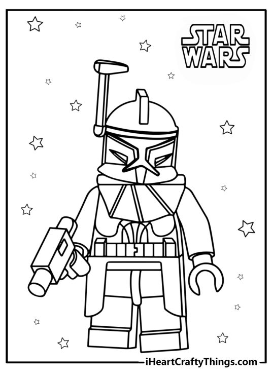LEGO Star Wars printable card featuring LEGO minifigure of a Clone Trooper with stars in the background