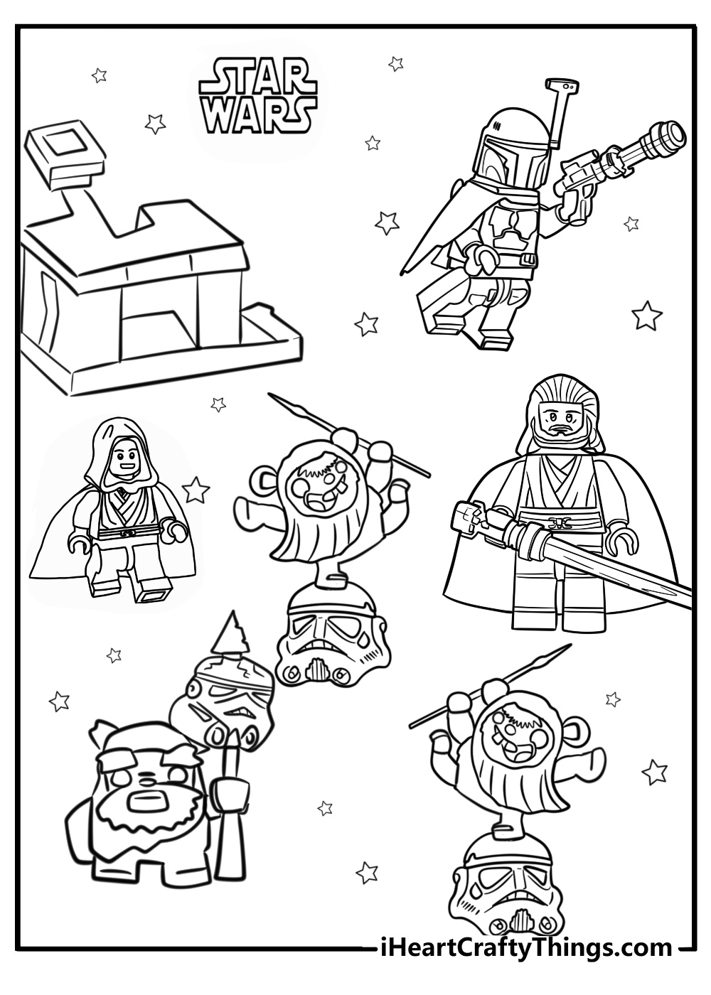 Lego ewoks celebrating on endor coloring page