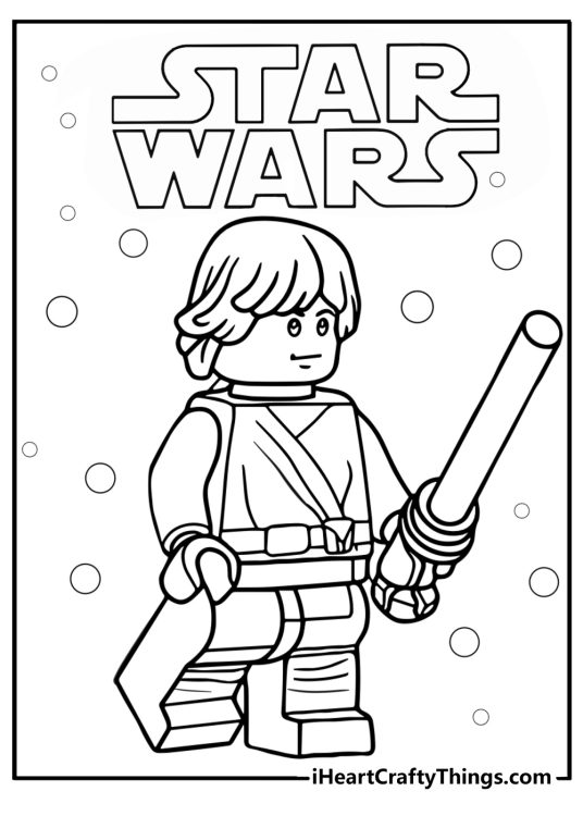 LEGO Star Wars coloring page featuring LEGO figure of Luke Skywalker with his lightsaber and a Star Wars logo above it