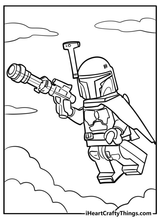 Detailed LEGO Star Wars coloring picture featuring LEGO Boba Fett soaring through the sky with his weapon