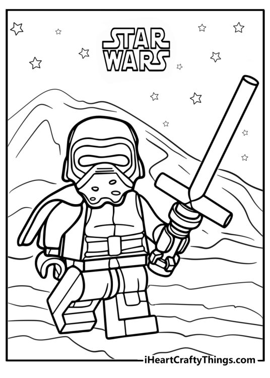 LEGO Star Wars printable presenting villain Kylo Ren with his lightsaber and some rocks in the background