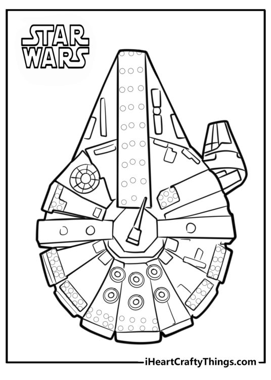 Detailed LEGO Star Wars-themed image featuring LEGO version of a Millenium Falcon ship