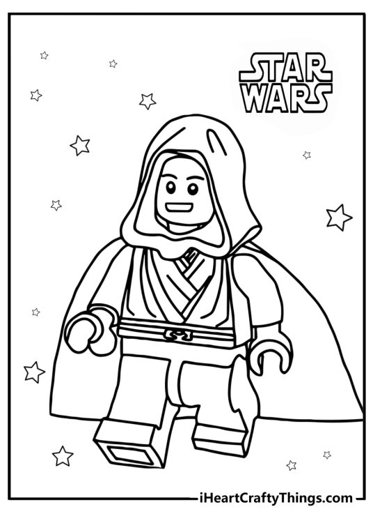 LEGO Star Wars coloring page featuring LEGO version of a Luke Skywalker dressed in Jedi robes