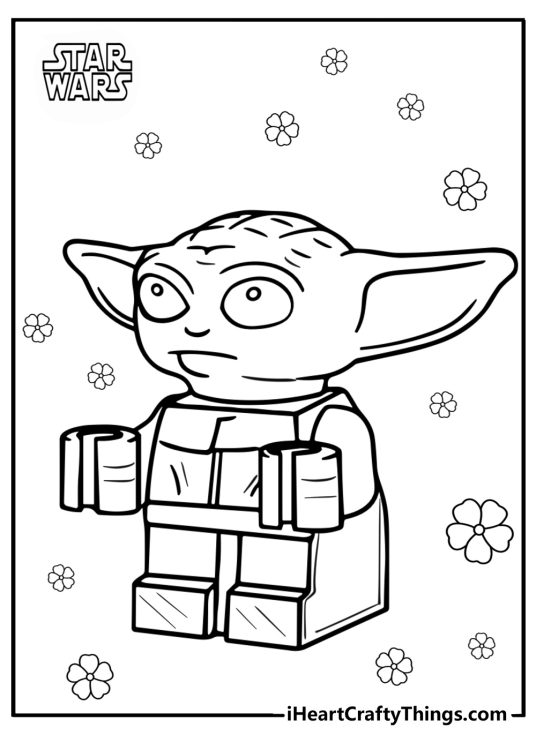 LEGO Star Wars coloring book page featuring LEGO toy version of Baby Yoda surrounded by flowers and Star Wars logo