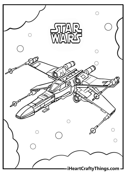 Detailed coloring page for kids presenting LEGO Star Wars X-Wing Starfighter soaring through the sky