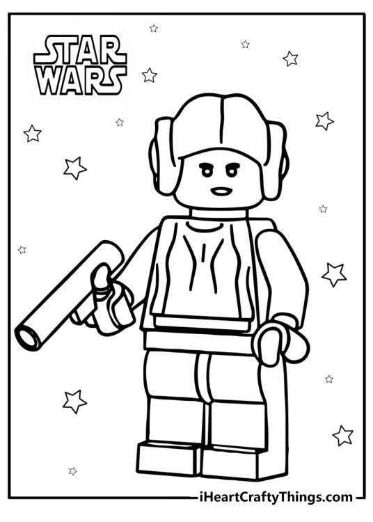 LEGO Star Wars coloring page for kids featuring LEGO version of a Princess Leia with stars in the background