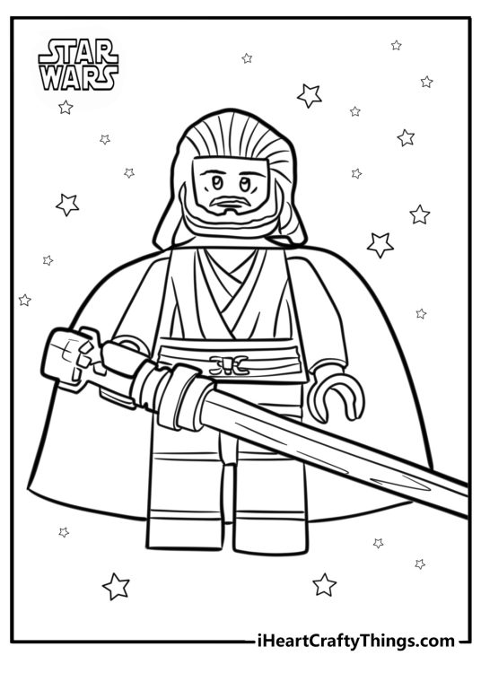 LEGO Star Wars-themed printable image presenting Qui-Gon Jinn with a lightsaber in LEGO form
