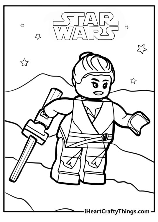 LEGO Star Wars coloring sheet featuring LEGO Rey running through the desert with her lightsaber