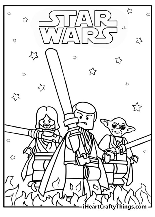 LEGO Star Wars poster to color featuring Yoda posing with Obi-Wan and Qui-Gon and a Star Wars logo above them