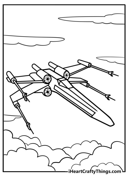 Detailed coloring sheet presenting LEGO Star Wars X-wing fighter soaring through the sky
