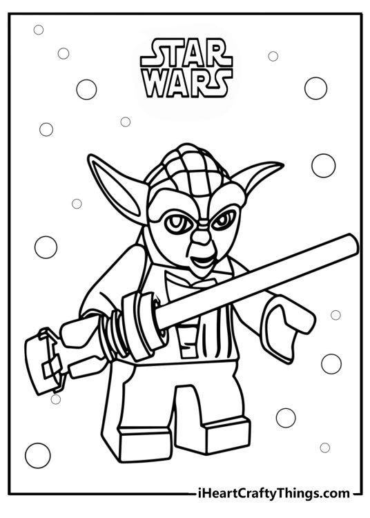 LEGO Star Wars-themed picture to color presentign LEGO figure of Yoda with his lightsaber