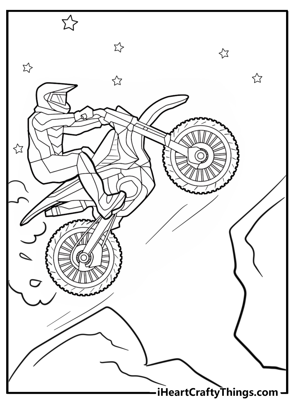 Man riding dirt bike on rocky terrain coloring page