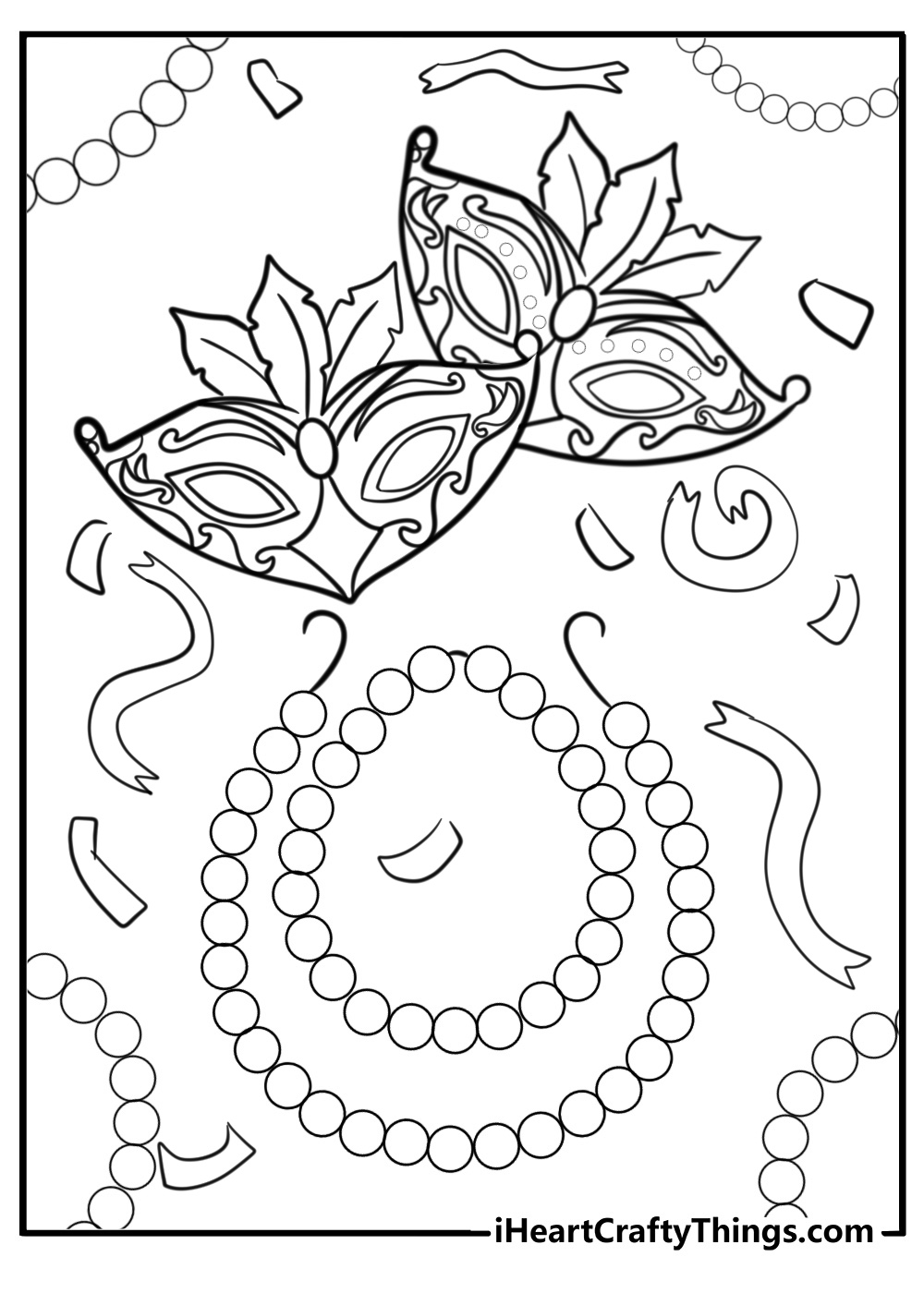 Mardi gras beads and confetti coloring page for kids