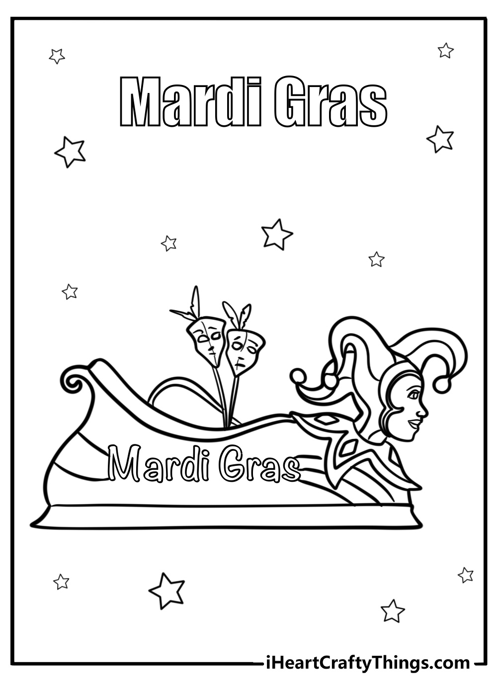 Mardi gras float with jester detailed coloring sheet for kids