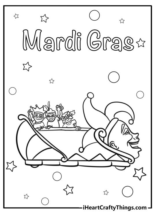 Mardi gras parade with floats and masks printable coloring page