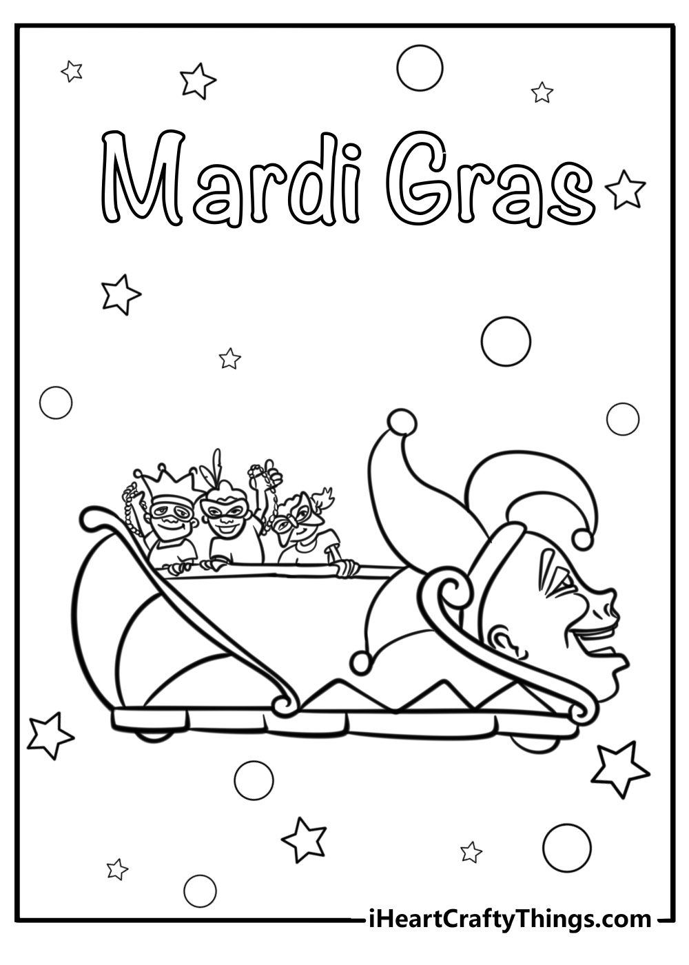 Mardi gras parade with floats and masks printable coloring page