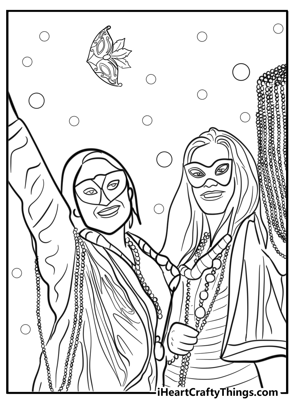 Mardi gras street celebration with masks free coloring page pdf