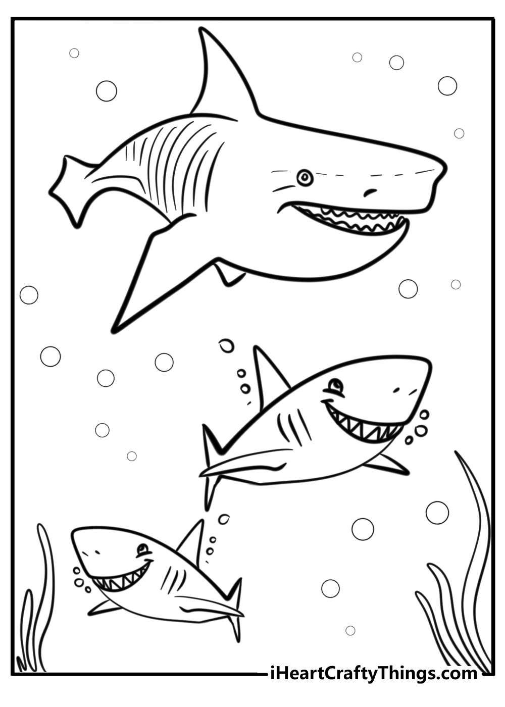 Megalodon and other sharks printable cartoon coloring sheet