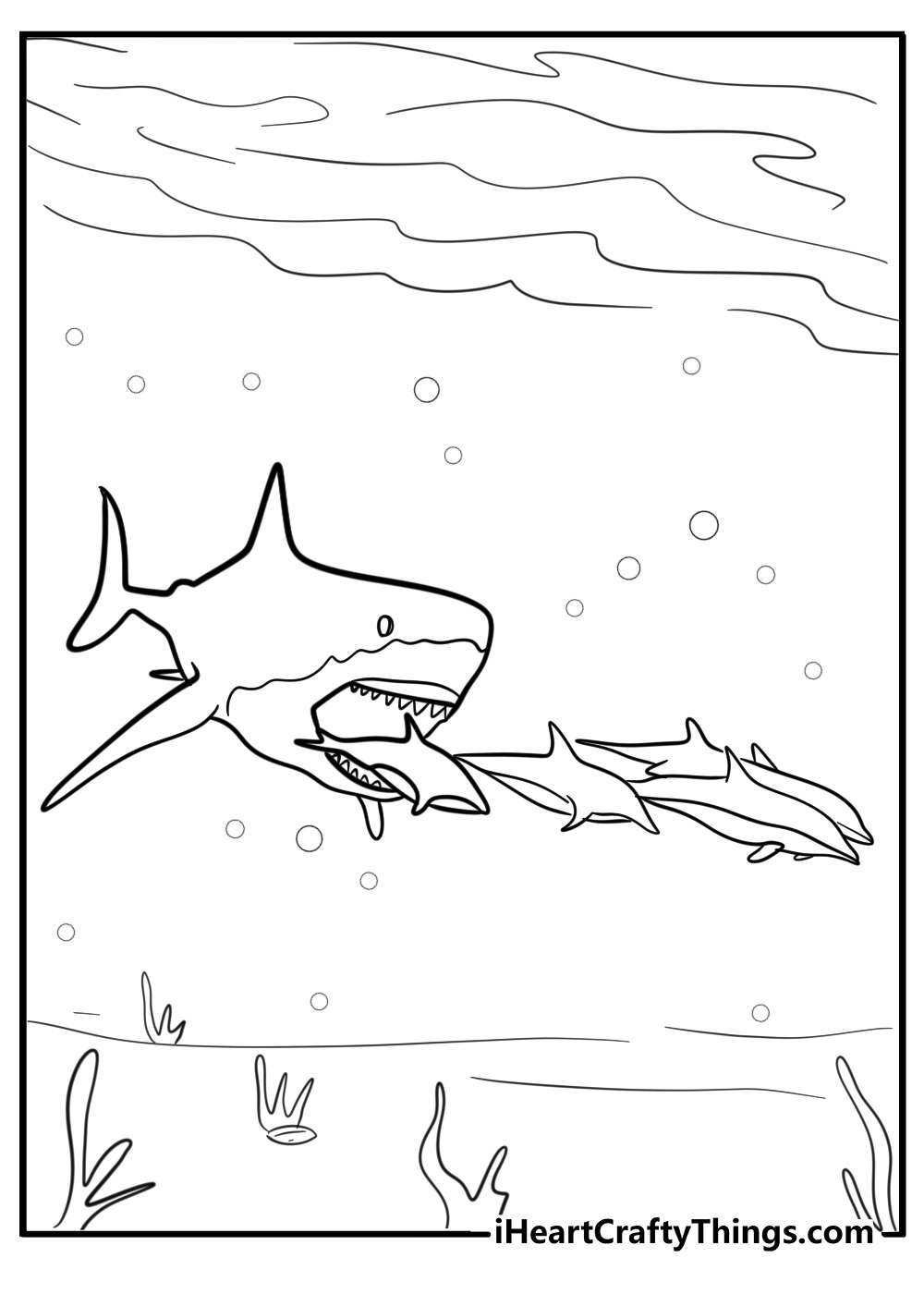 Megalodon chasing a school of fish fun coloring sheet for kids